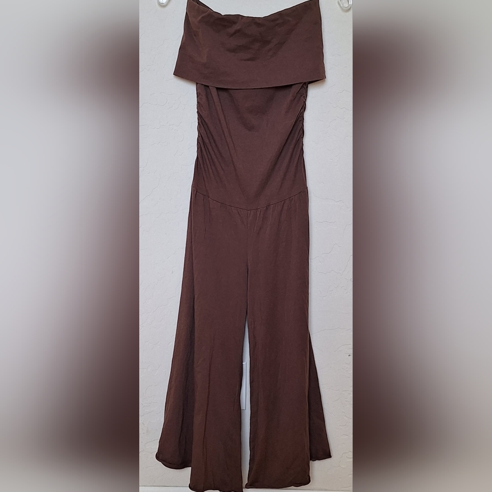 GUESS Y2K Wide Leg Crop Jumpsuit Bardot Drop Waist Brown Cotton Jersey Boho XS - Picture 2 of 10